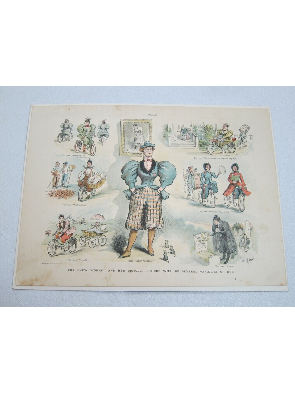 Antique 1895 Print Fredrick Opper Puck Cartoon The New Woman & Her Bicycle RARE